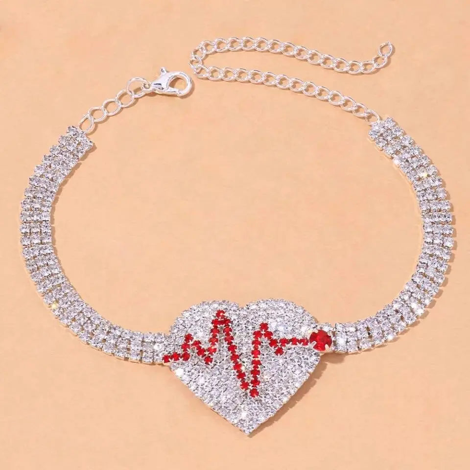 Rhinestone Heartbeat Ankle Bracelets for Women Girls, Crystal Tennis Anklet Bracelet Multi-Row Love Ankle Foot Jewelry Hip Hop Party Gifts - JettsJewelers