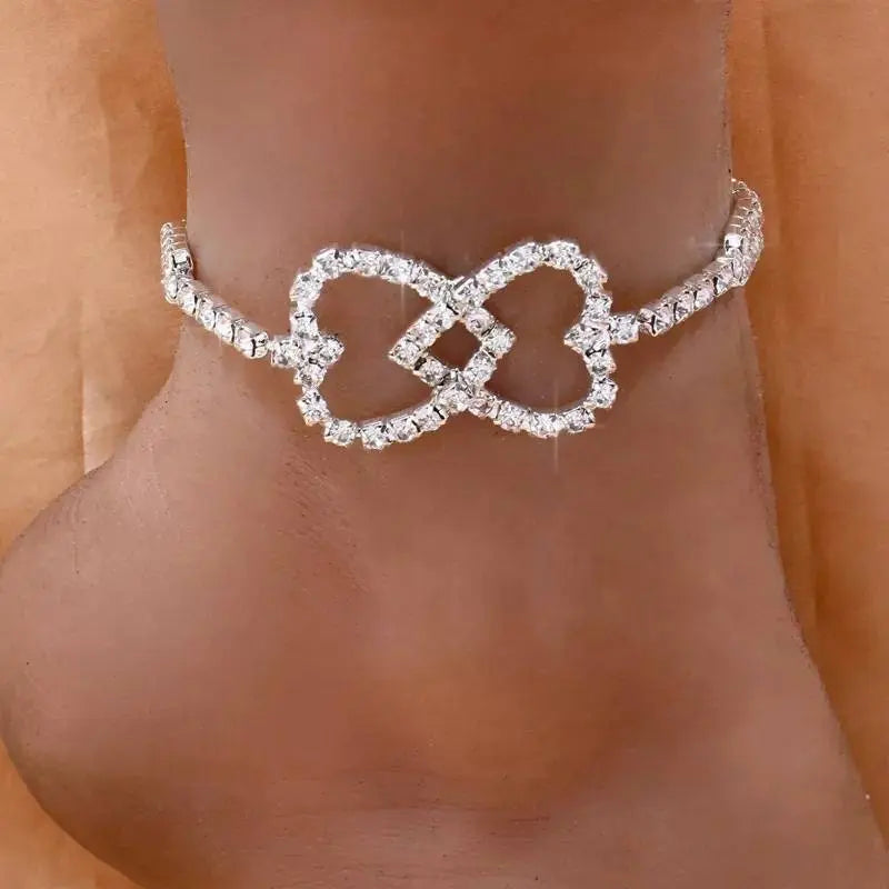 Rhinestone Joining Double Heart Anklet Foot Jewelry for Women Beach Barefoot Chain Bracelet On the Leg Accessories Gift JettsJewelers