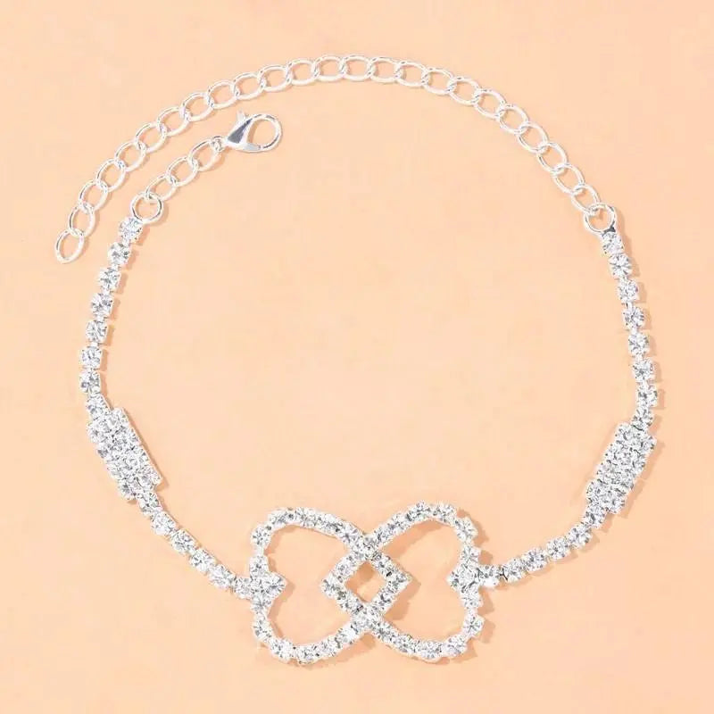 Rhinestone Joining Double Heart Anklet Foot Jewelry for Women Beach Barefoot Chain Bracelet On the Leg Accessories Gift JettsJewelers