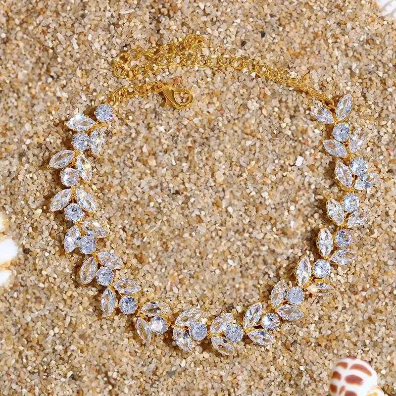 Rhinestone Leaf Shape Anklet Foot Jewelry for Women Beach Barefoot Chain Bracelet On the Leg Accessories Gift JettsJewelers