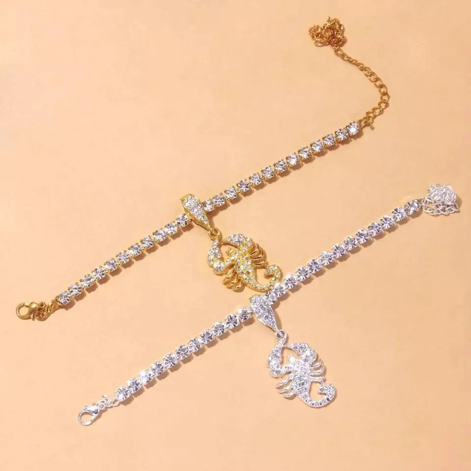 Rhinestone Scorpion Anklet Bracelets for Women Girls, Crystal Tennis Anklet Bracelet Multi-Row Love Anklet Foot Jewelry Hip Hop Party Gifts JettsJewelers