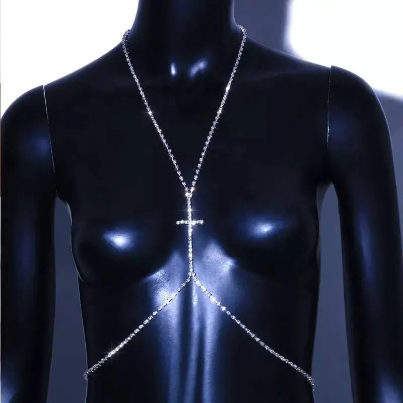 Rhinestones Cross Chest Harness Chain for Women Bohemian Tassels Shoulder Chain Necklace Jewelry for Party Wedding Summer Beach JettsJewelers