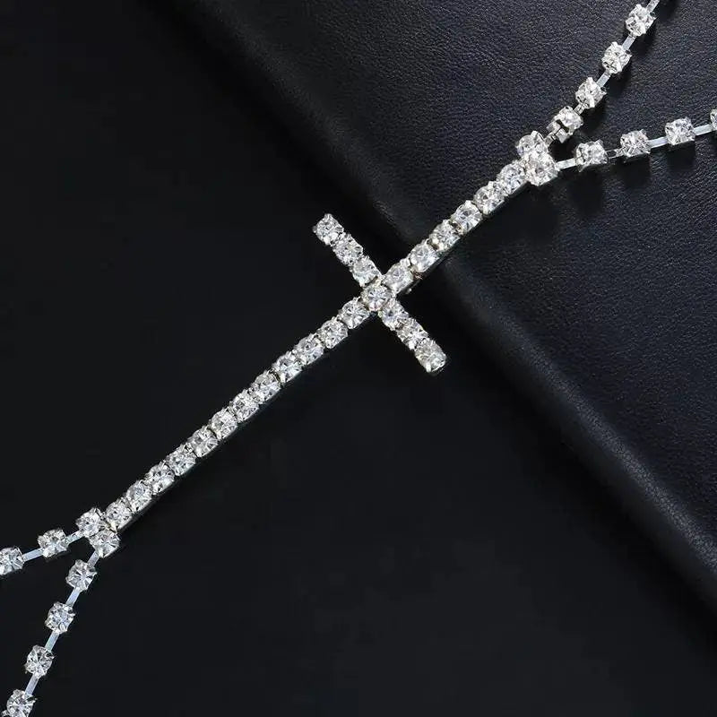 Rhinestones Cross Chest Harness Chain for Women Bohemian Tassels Shoulder Chain Necklace Jewelry for Party Wedding Summer Beach JettsJewelers