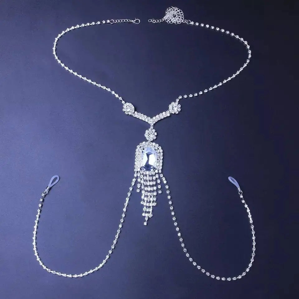 Rhinestones Nipple Ring Harness Chain for Women Bohemian Tassels Shoulder Chain Necklace Jewelry for Party Wedding Summer Beach JettsJewelers