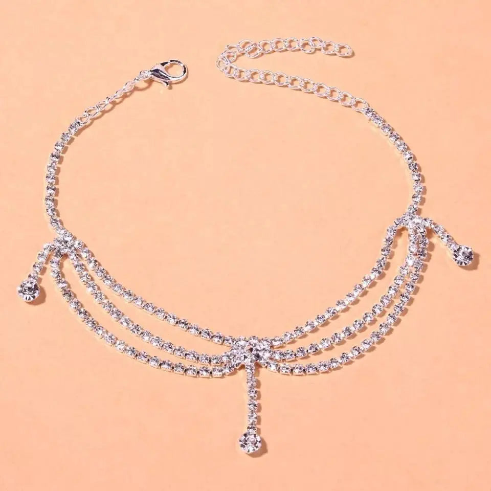 Rhinestones Triple Water Drop Anklet Foot Jewelry for Women Beach Barefoot Chain Bracelet On the Leg Accessories Gift - JettsJewelers