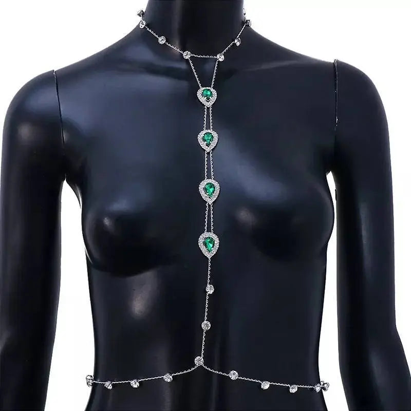 Rhinestones Water Drop Chest Harness Chain for Women Bohemian Tassels Shoulder Chain Necklace Jewelry for Party Wedding Summer Beach JettsJewelers