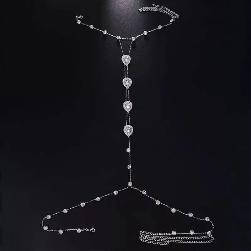 Rhinestones Water Drop Chest Harness Chain for Women Bohemian Tassels Shoulder Chain Necklace Jewelry for Party Wedding Summer Beach JettsJewelers