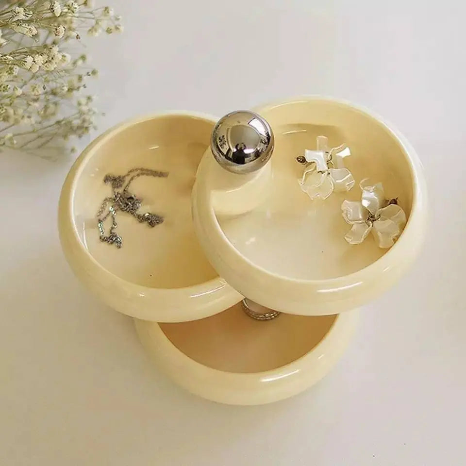 Rotating Glossy Plastic Multi-Layered Jewelry box for Woman, Silver Metal Handle Jewelry Storage Case, Cosmetic Holder Case Multi-layered JettsJewelers