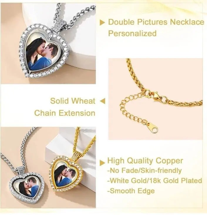 Rotating Heart Picture Necklace Personalized for Men Women, 18K Gold/Platinum Plated/Black AAA CZ Medallion Customized Photo Memory Pendant JettsJewelers