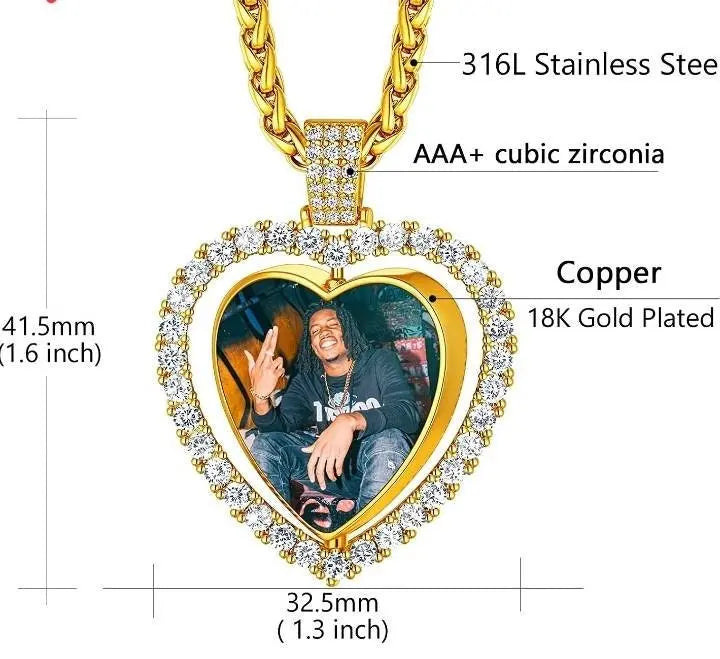 Rotating Heart Picture Necklace Personalized for Men Women, 18K Gold/Platinum Plated/Black AAA CZ Medallion Customized Photo Memory Pendant JettsJewelers