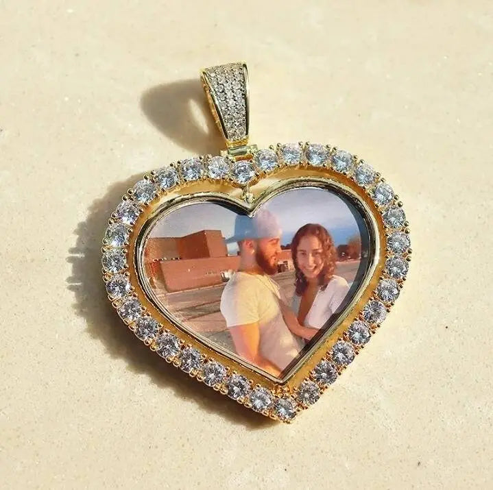 Rotating Heart Picture Necklace Personalized for Men Women, 18K Gold/Platinum Plated/Black AAA CZ Medallion Customized Photo Memory Pendant JettsJewelers