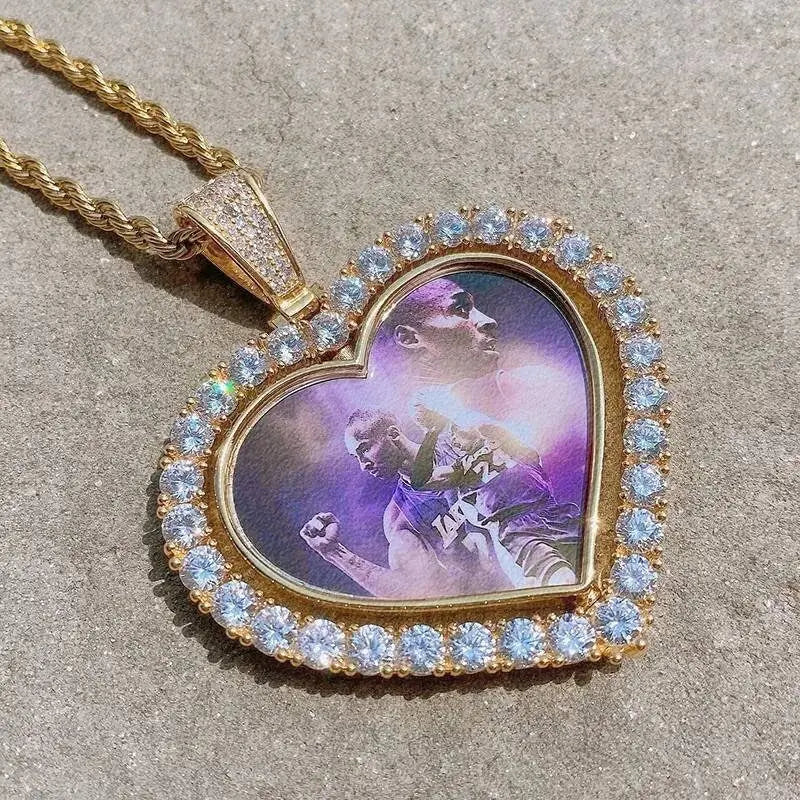Rotating Heart Picture Necklace Personalized for Men Women, 18K Gold/Platinum Plated/Black AAA CZ Medallion Customized Photo Memory Pendant JettsJewelers