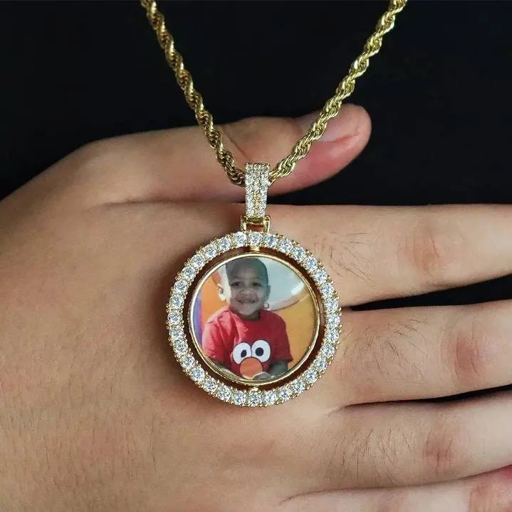 Rotating Picture Necklace Personalized for Men Women, 18K Gold/Platinum Plated/Black AAA CZ Medallion Customized Photo Memory Pendant JettsJewelers