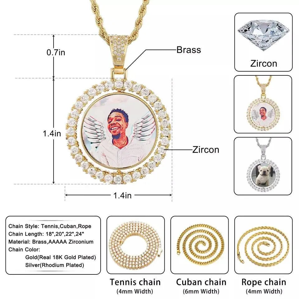 Rotating Picture Necklace Personalized for Men Women, 18K Gold/Platinum Plated/Black AAA CZ Medallion Customized Photo Memory Pendant JettsJewelers