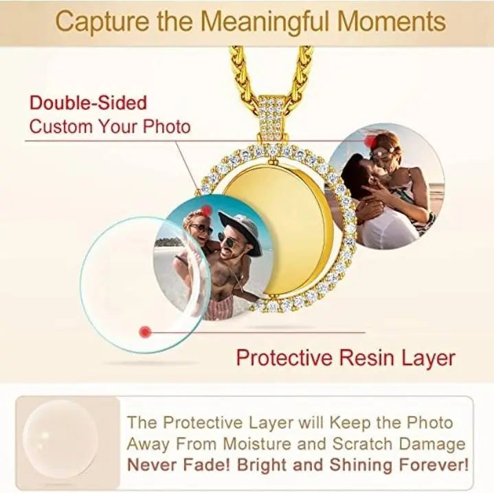 Rotating Picture Necklace Personalized for Men Women, 18K Gold/Platinum Plated/Black AAA CZ Medallion Customized Photo Memory Pendant JettsJewelers