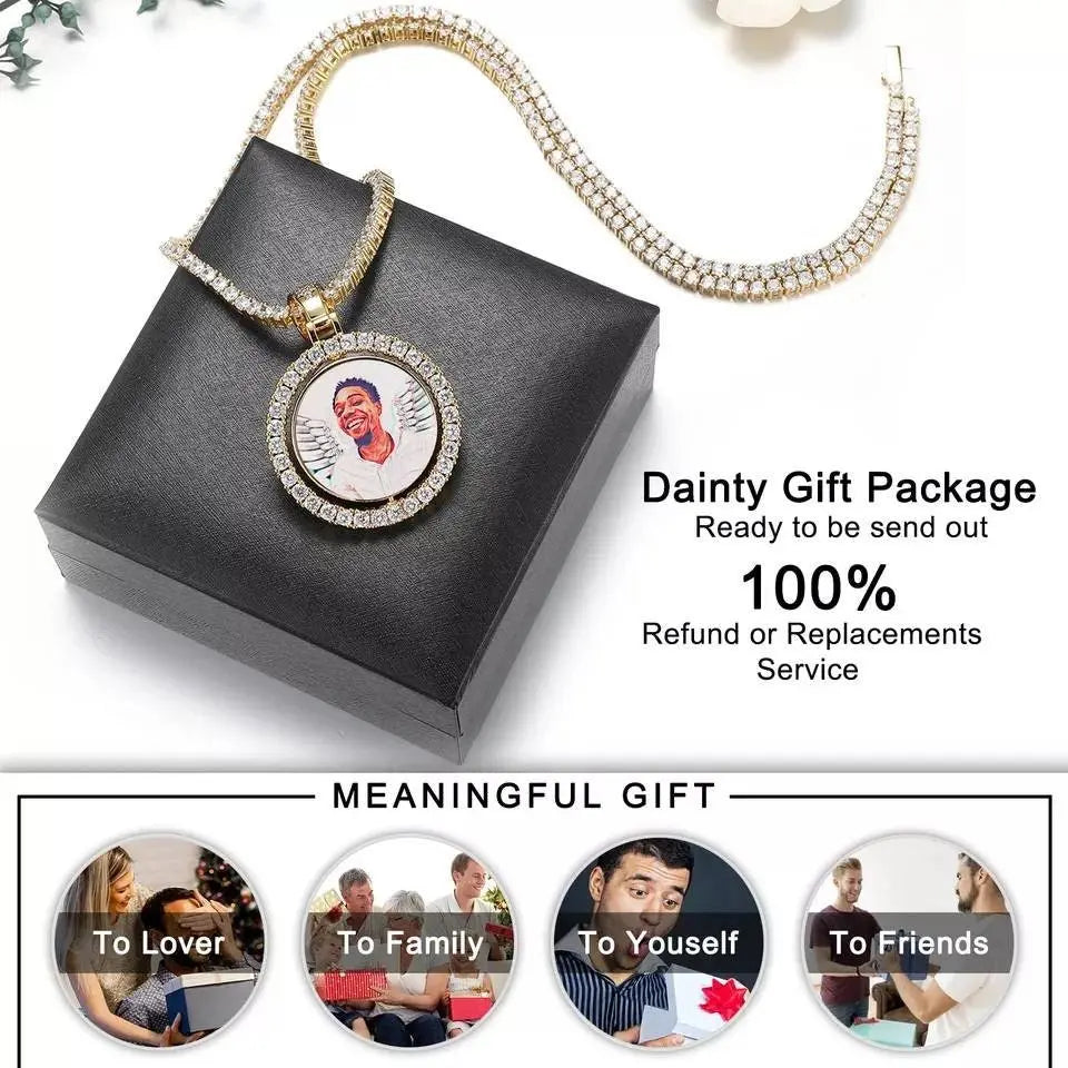Rotating Picture Necklace Personalized for Men Women, 18K Gold/Platinum Plated/Black AAA CZ Medallion Customized Photo Memory Pendant JettsJewelers