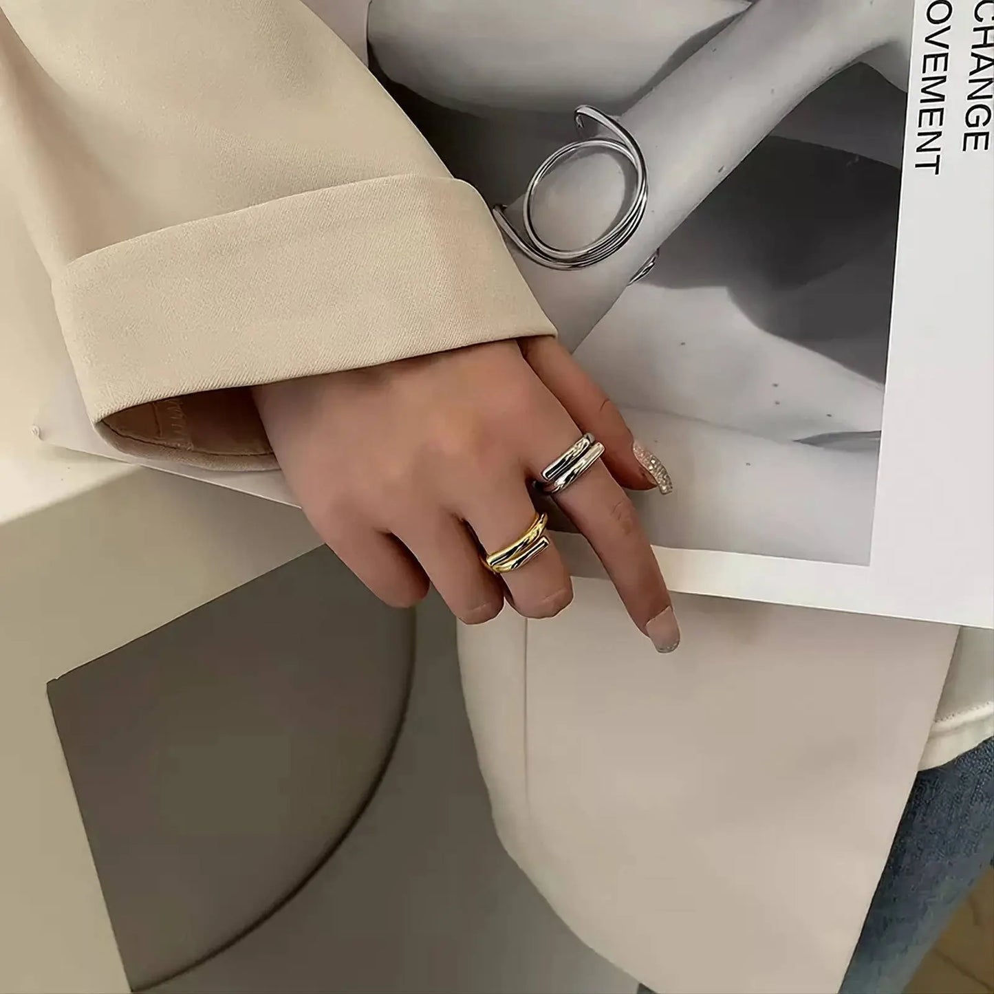 S925 Geometric Folded Circle Adjustable Ring Minimalist JettsJewelers