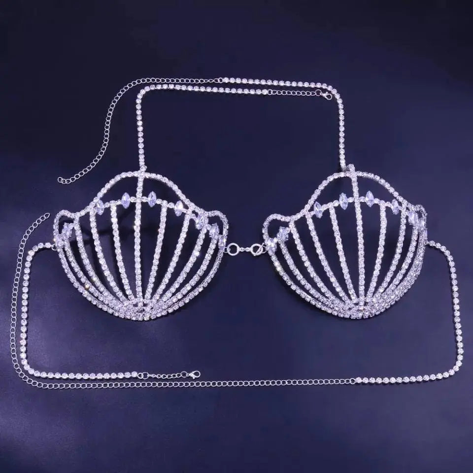 Sea Shell Bra Top Woman Crystal Lingerie Chain Apparel Stripper Outfit Dancewear Exotic Lingerie - JettsJewelers