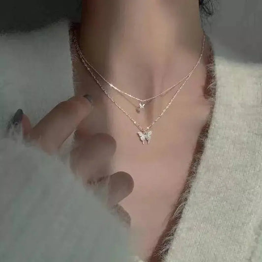 Shiny Butterfly Pendant Double Necklace Layered Clavicle for Women Stainless Steel Gold Plated JettsJewelers