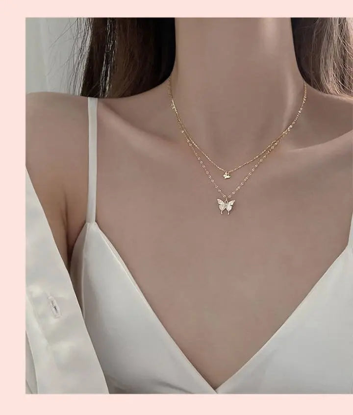 Shiny Butterfly Pendant Double Necklace Layered Clavicle for Women Stainless Steel Gold Plated JettsJewelers
