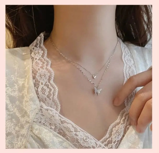 Shiny Butterfly Pendant Double Necklace Layered Clavicle for Women Stainless Steel Gold Plated JettsJewelers