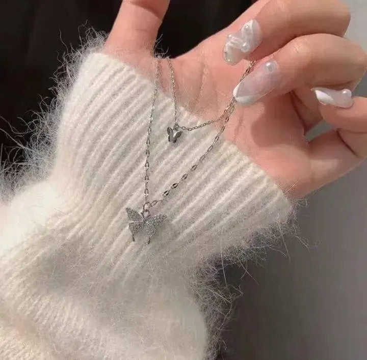 Shiny Butterfly Pendant Double Necklace Layered Clavicle for Women Stainless Steel Gold Plated JettsJewelers