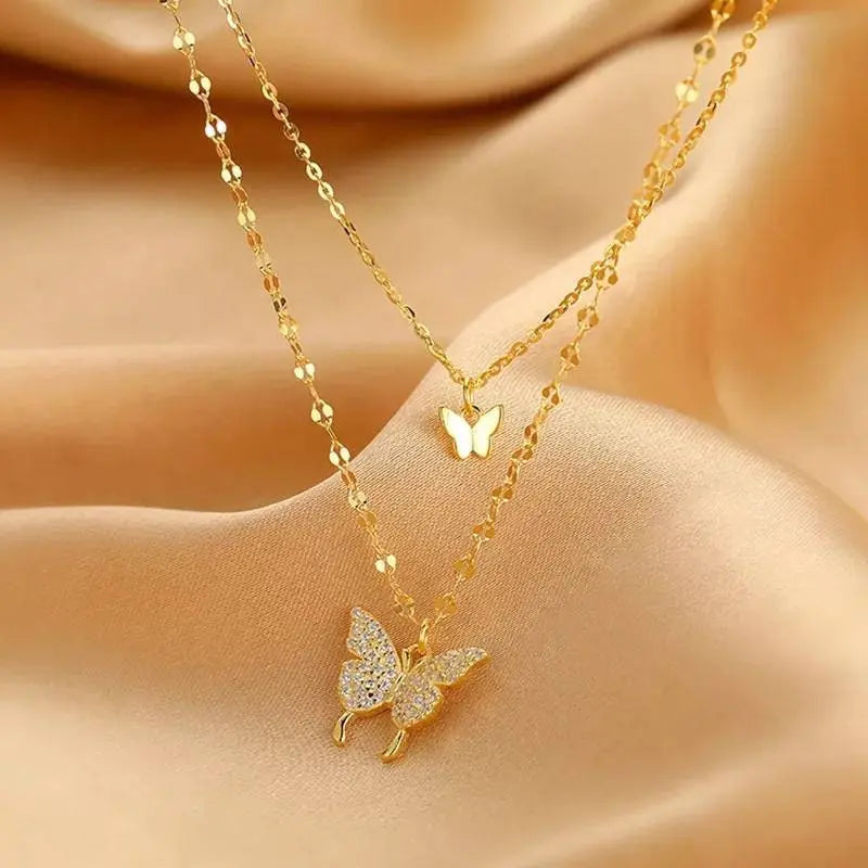 Shiny Butterfly Pendant Double Necklace Layered Clavicle for Women Stainless Steel Gold Plated JettsJewelers