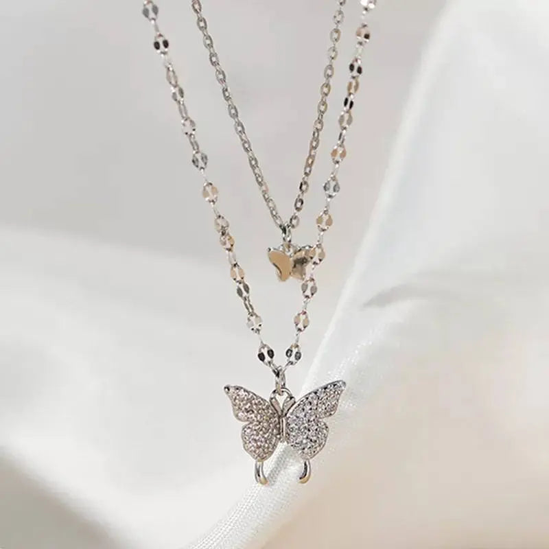 Shiny Butterfly Pendant Double Necklace Layered Clavicle for Women Stainless Steel Gold Plated JettsJewelers
