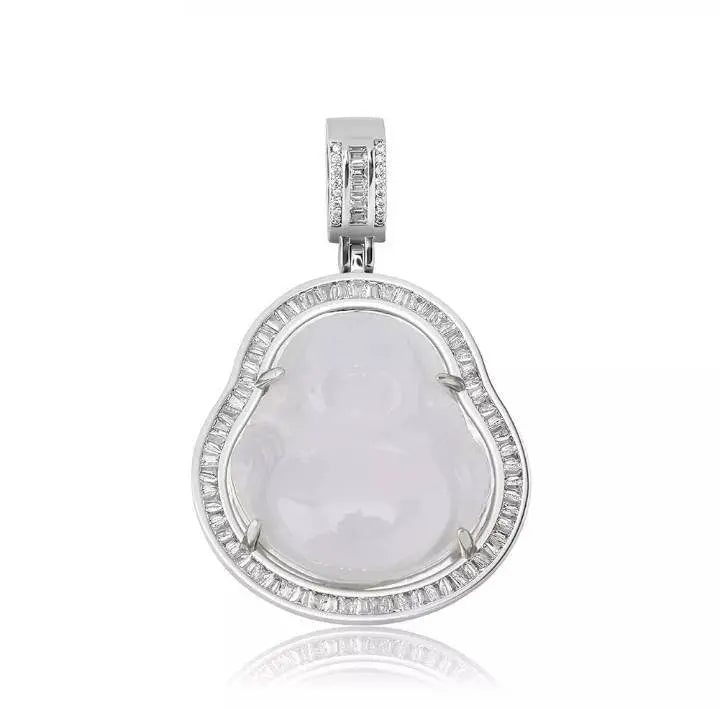 Silver - AAA Cubic Zirconia Buddha Pendant Green Jade Buddha Necklace Iced Out Bling Laughing Buddha Pendant Necklace JettsJewelers