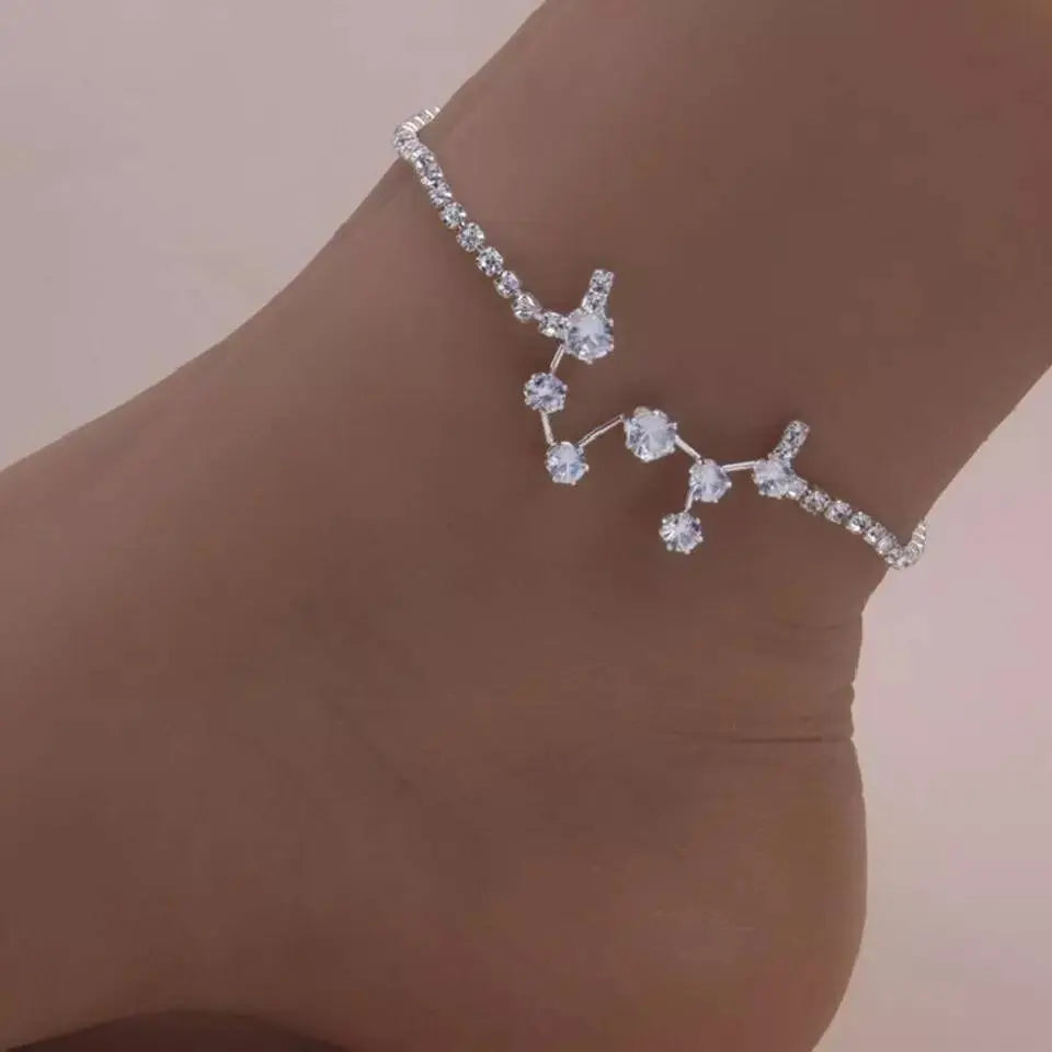 Silver Constellation ANKLET, Rhinestones, CZ, Celestial Zodiac Ankle Bracelet Chain, Personalized Initial JettsJewelers