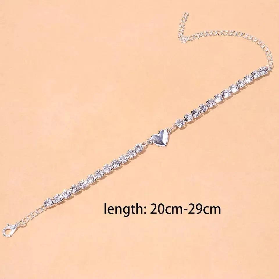Silver Heart Rhinestone Anklet Foot Jewelry for Women Beach Barefoot Chain Bracelet On the Leg Accessories Gift JettsJewelers