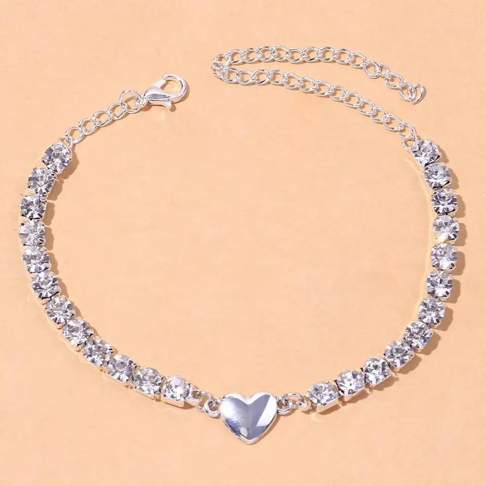 Silver Heart Rhinestone Anklet Foot Jewelry for Women Beach Barefoot Chain Bracelet On the Leg Accessories Gift JettsJewelers