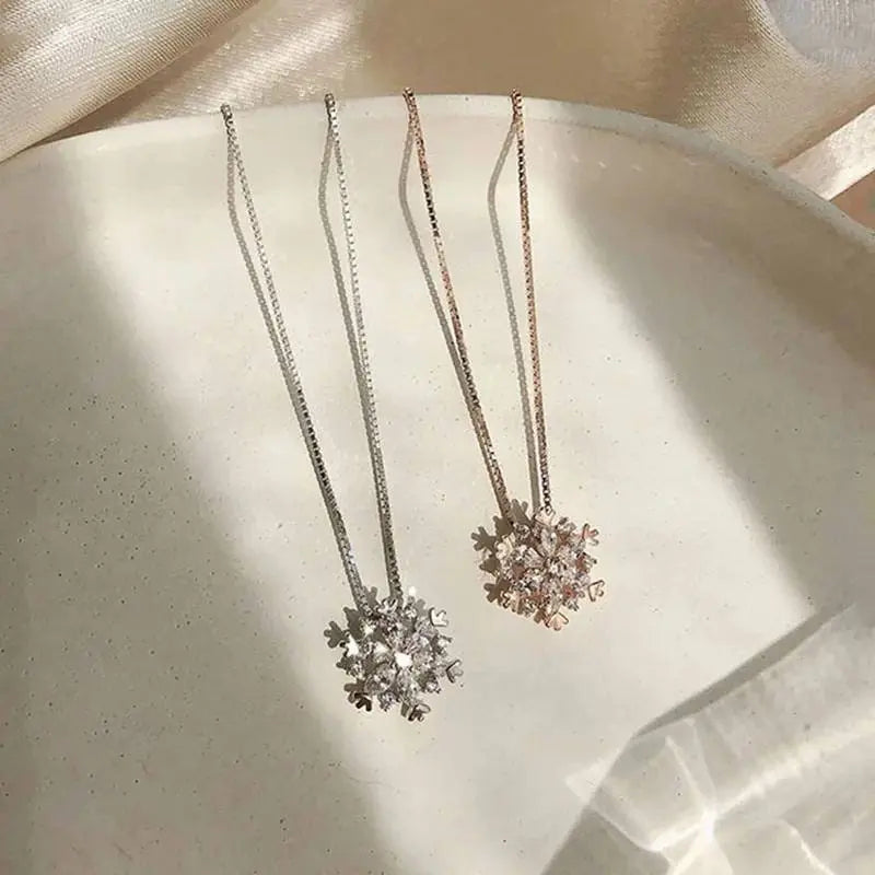 Silver and Rose Gold Snowflake Necklace Women Pendant Inlaid Rhinestone Clavicle Chain - JettsJewelers