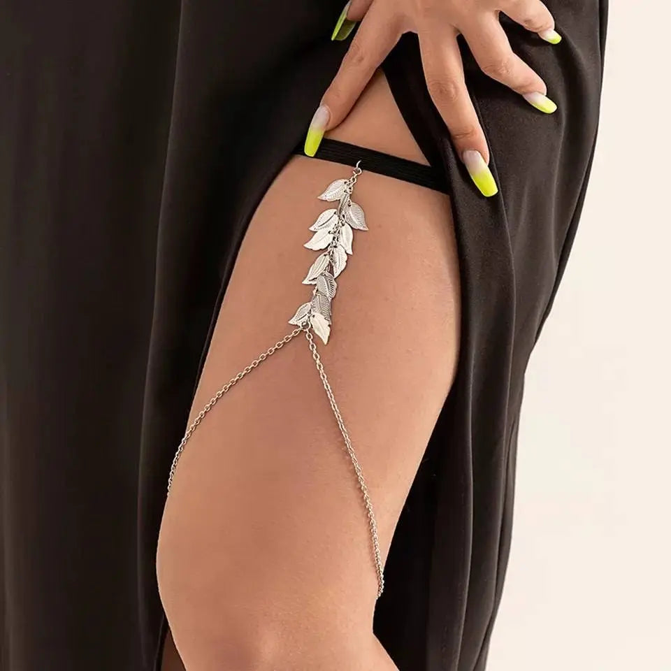 Simple Leaf Charm Chain Leg Chain Gold and Silver for Women Thigh Chain For Girls Gold Pendant Boho Body Chain for Beach Summer Holiday JettsJewelers