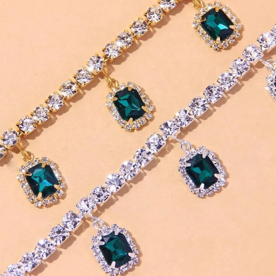 Square Emerald Rhinestones Anklet Foot Jewelry for Women Beach Barefoot Chain Bracelet On the Leg Accessories Gift - JettsJewelers