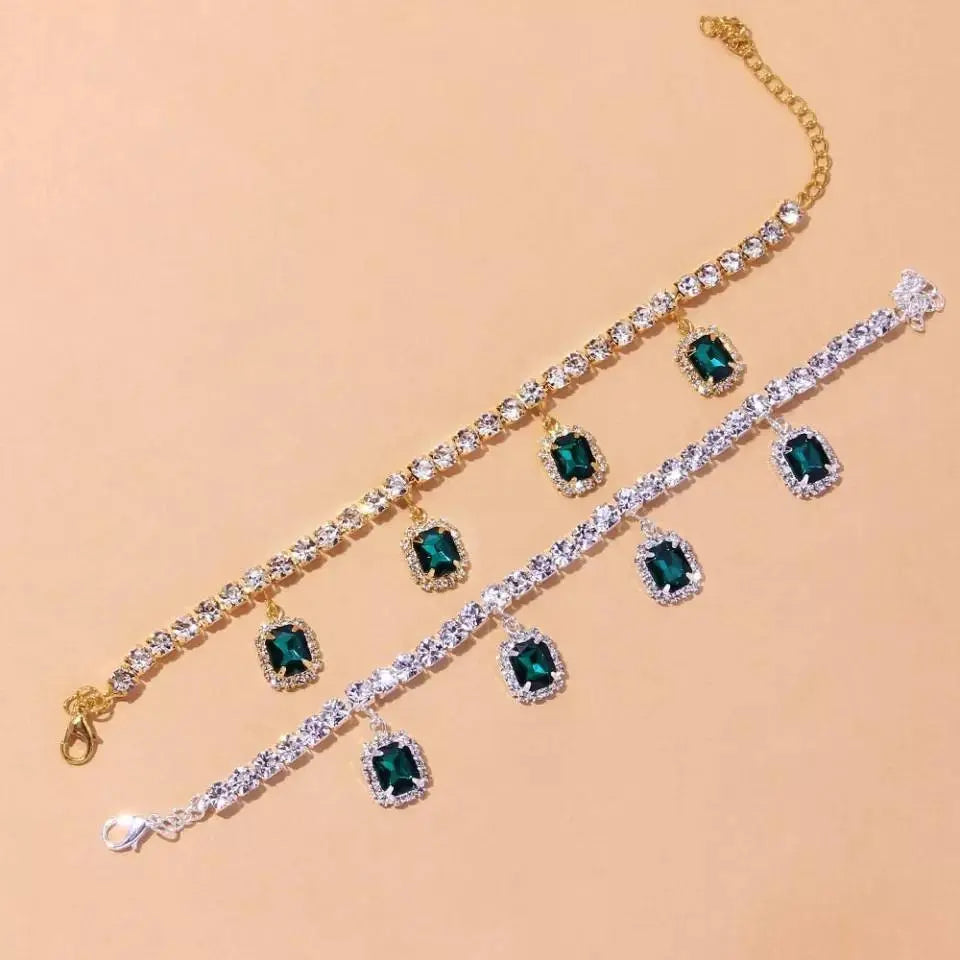 Square Emerald Rhinestones Anklet Foot Jewelry for Women Beach Barefoot Chain Bracelet On the Leg Accessories Gift - JettsJewelers