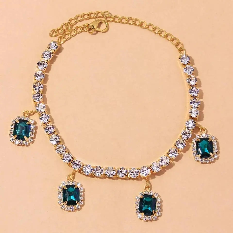 Square Emerald Rhinestones Anklet Foot Jewelry for Women Beach Barefoot Chain Bracelet On the Leg Accessories Gift - JettsJewelers