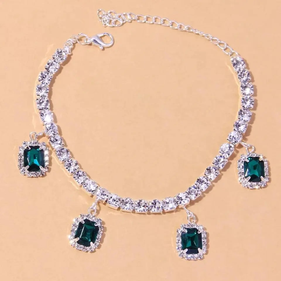 Square Emerald Rhinestones Anklet Foot Jewelry for Women Beach Barefoot Chain Bracelet On the Leg Accessories Gift - JettsJewelers