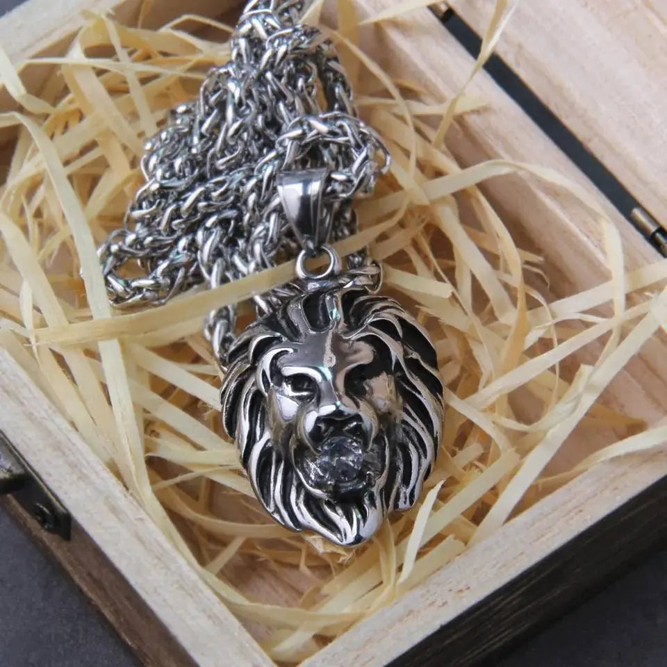 Stainless Steel Lion Head Pendant Necklace with Free Box and Gift Bag JettsJewelers