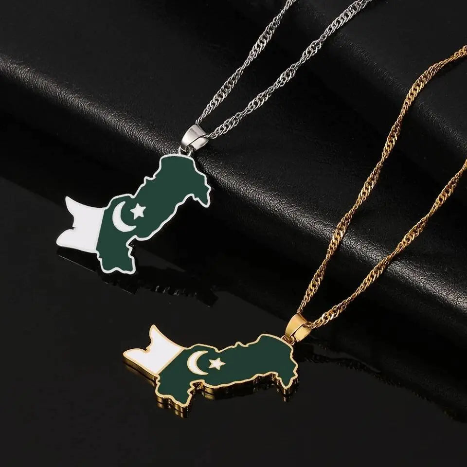 Stainless Steel Pakistan Map Flag Pendant Necklace Gold Color Pakistani Map Ethnic Jewelry - JettsJewelers