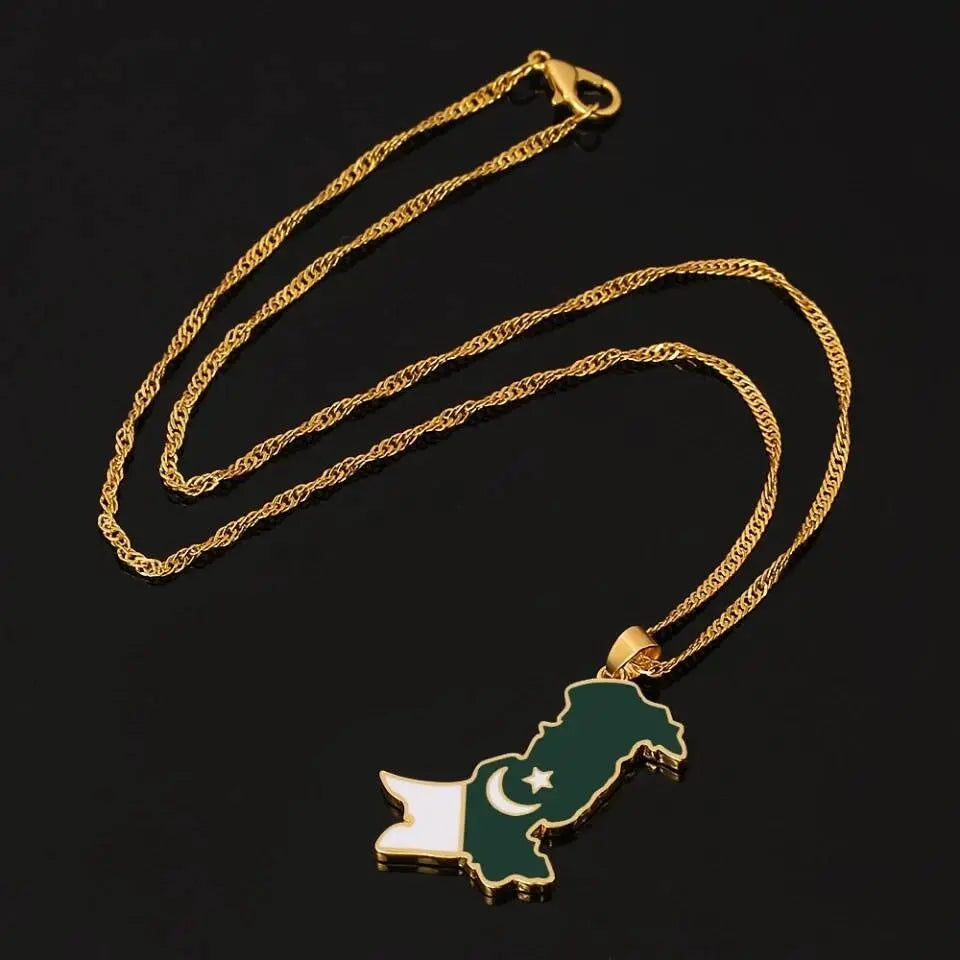 Stainless Steel Pakistan Map Flag Pendant Necklace Gold Color Pakistani Map Ethnic Jewelry - JettsJewelers