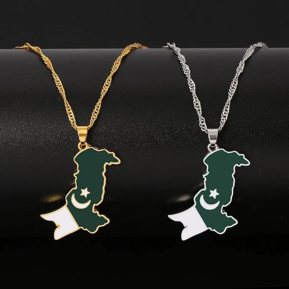 Stainless Steel Pakistan Map Flag Pendant Necklace Gold Color Pakistani Map Ethnic Jewelry - JettsJewelers