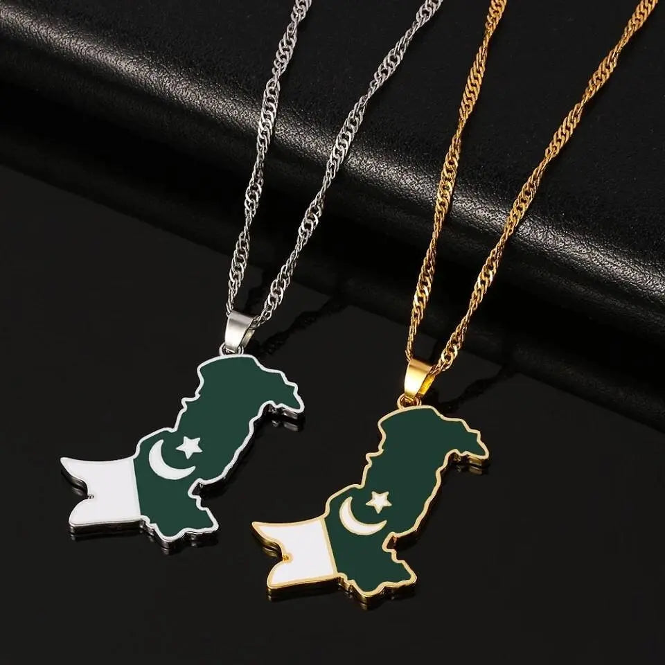 Stainless Steel Pakistan Map Flag Pendant Necklace Gold Color Pakistani Map Ethnic Jewelry - JettsJewelers