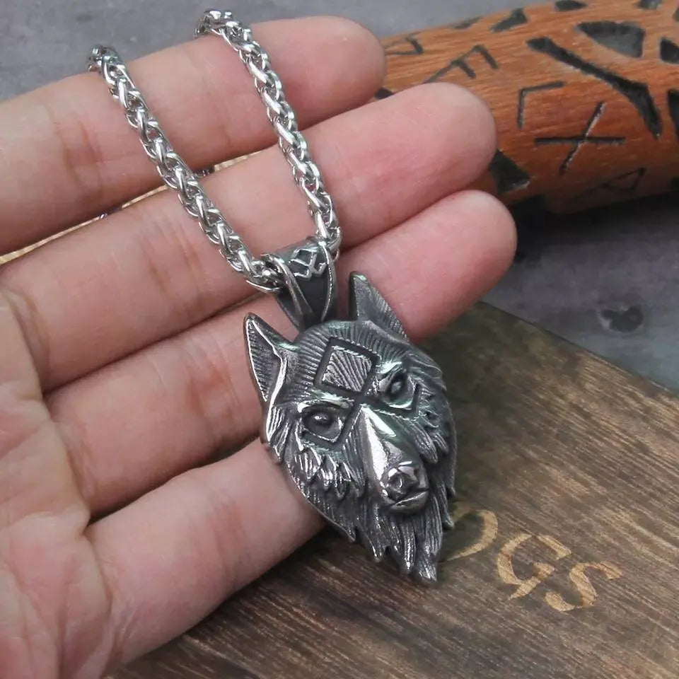 Stainless Steel Viking Wolf Face Pendant Necklace JettsJewelers