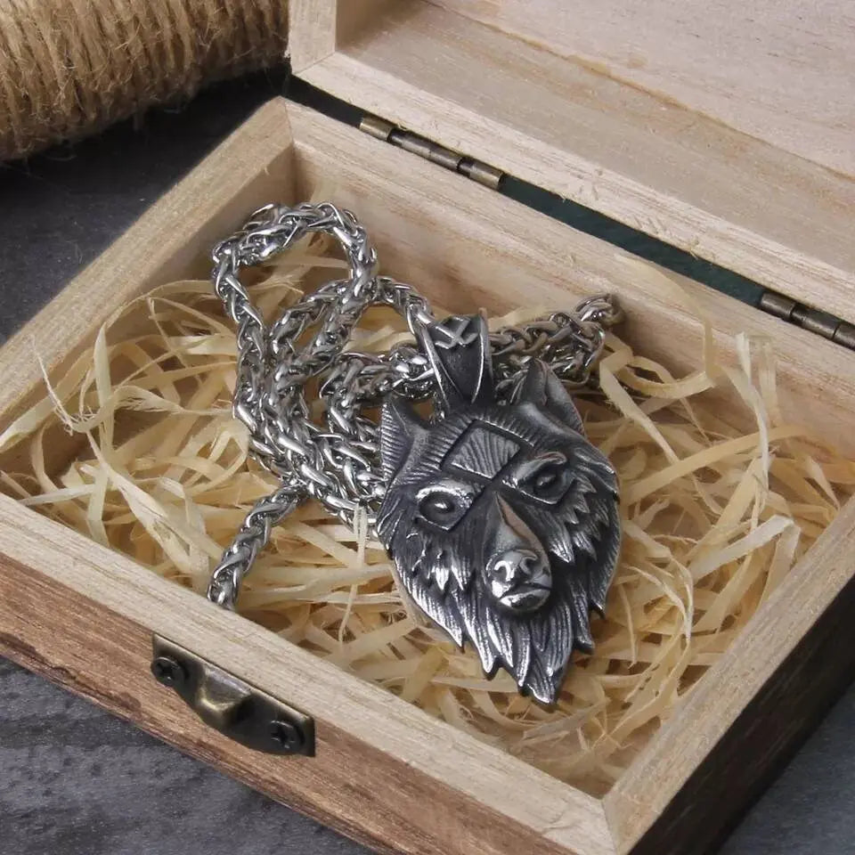 Stainless Steel Viking Wolf Face Pendant Necklace JettsJewelers
