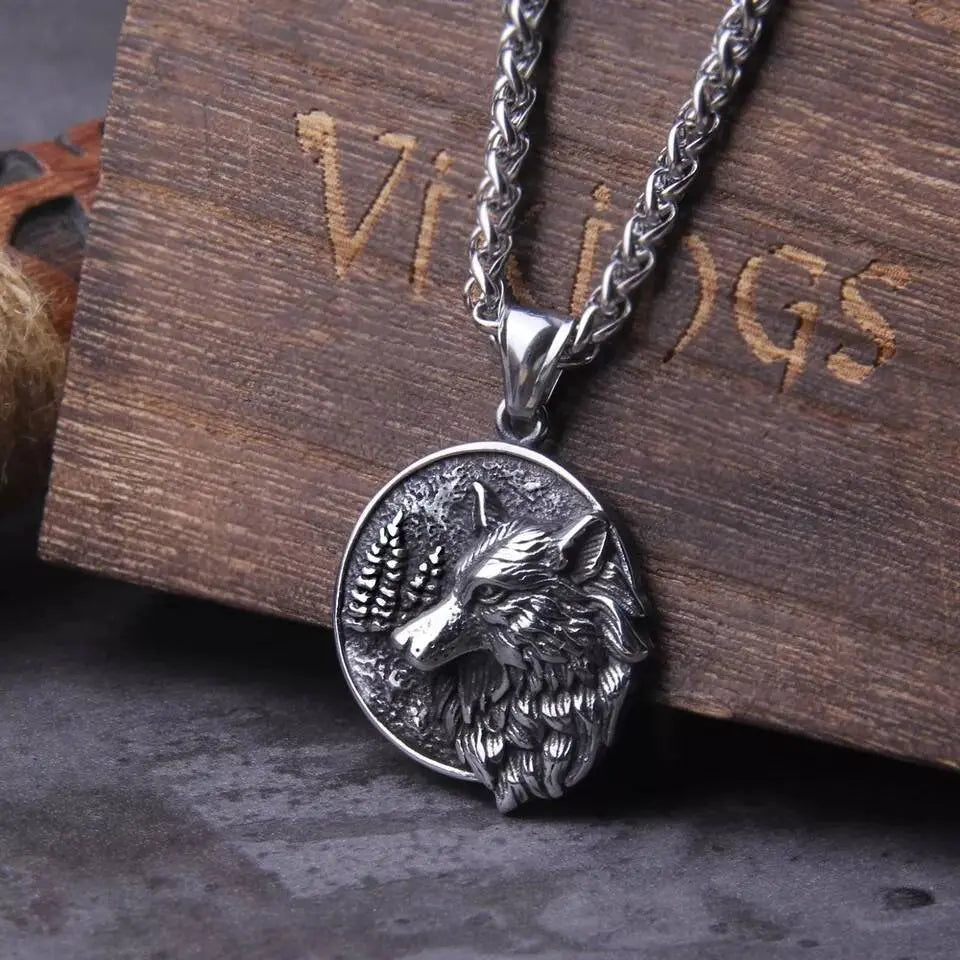 Stainless Steel Wolf and Tree Head Pendant Necklace JettsJewelers