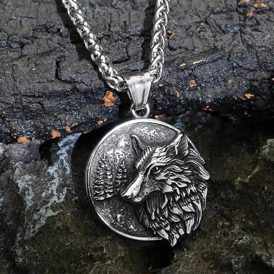 Stainless Steel Wolf and Tree Head Pendant Necklace JettsJewelers