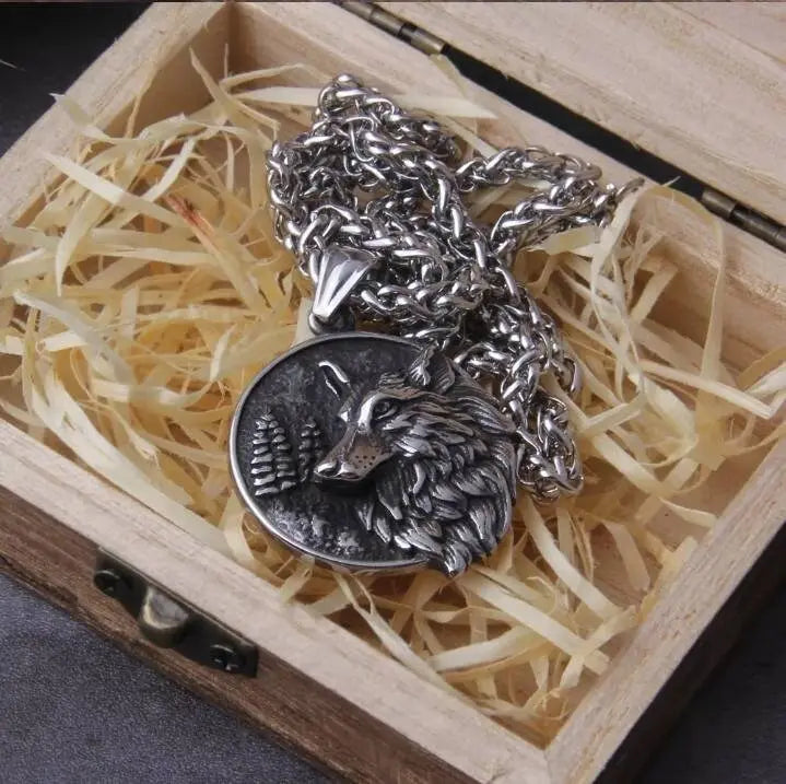 Stainless Steel Wolf and Tree Head Pendant Necklace JettsJewelers