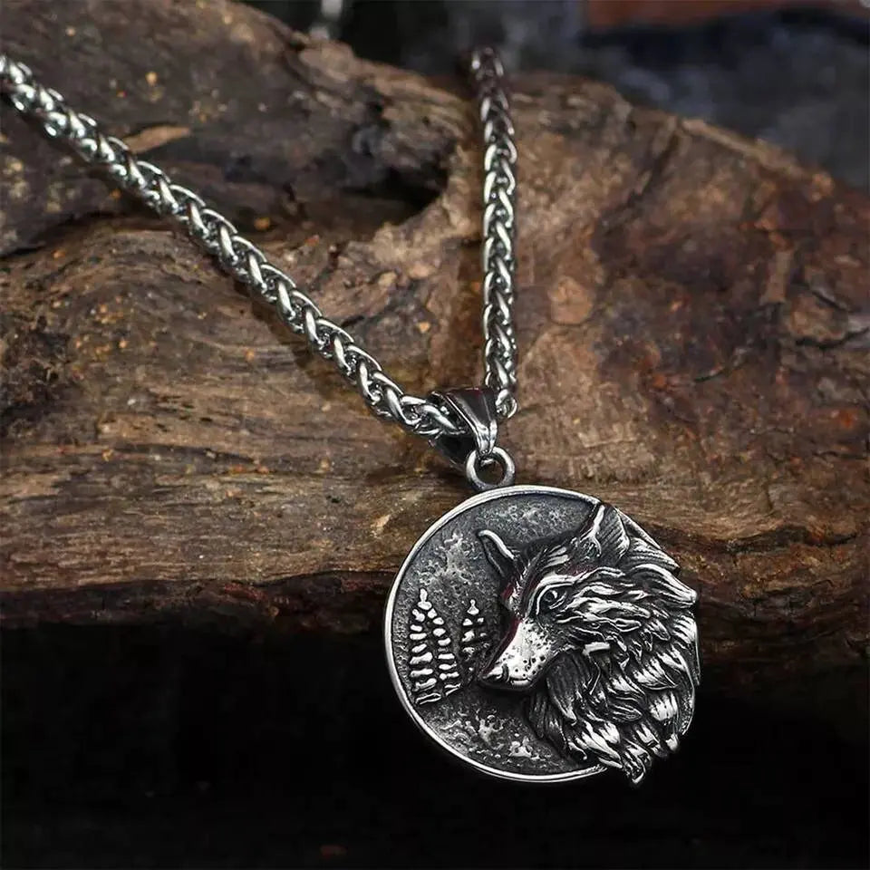 Stainless Steel Wolf and Tree Head Pendant Necklace JettsJewelers