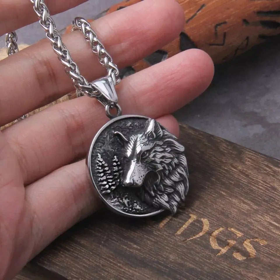 Stainless Steel Wolf and Tree Head Pendant Necklace JettsJewelers